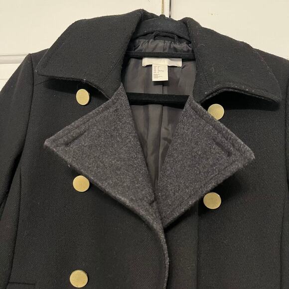 H&M Double Breasted Peacoat Wool Blend Jacket Black Gold Size 2 Buttons Warm Y2K - Picture 6 of 10